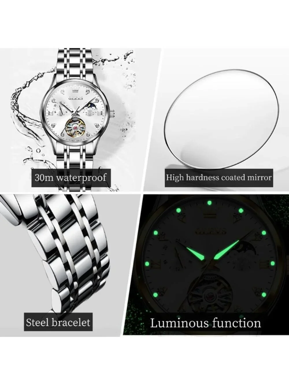 Women’s Silver White Automatic Starry Sky Diamond Bezel Luxury Mechanical Watch